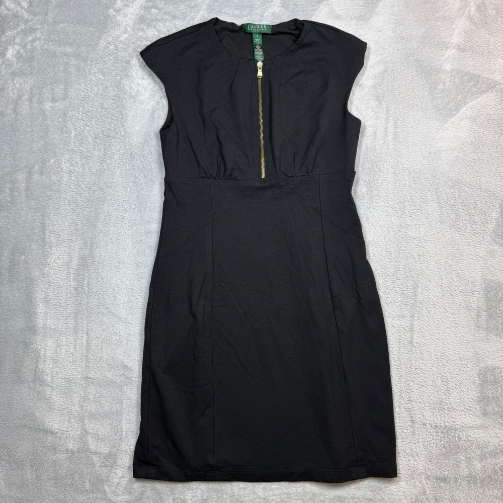 Lauren Ralph Lauren Sheath Dress Women 4 Black Gold Zip Cap Sleeve Career Office